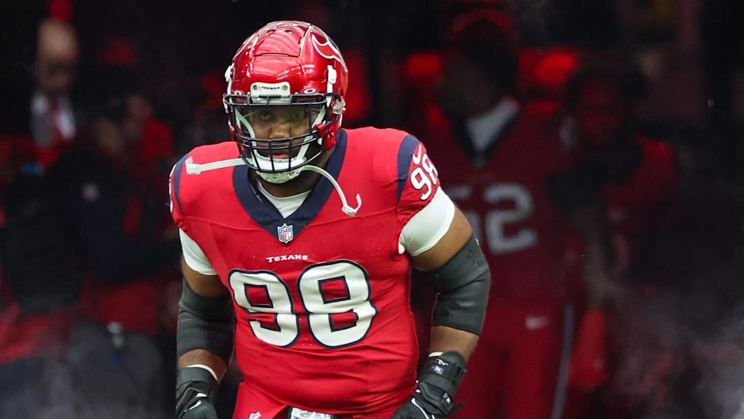 Nov 26, 2023; Houston, Texas, USA; Houston Texans defensive tackle Sheldon Rankins (98) is introduced before playing against the Jacksonville Jaguars at NRG Stadium. Mandatory Credit: Thomas Shea-Imagn Images