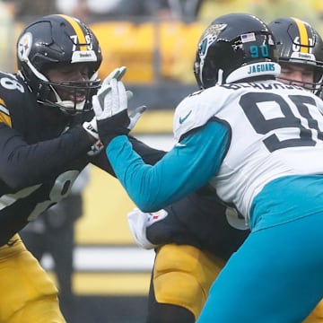 Pittsburgh Steelers guard James Daniels (78) blocks at the line of scrimmage against Jacksonville Jaguars defensive end Angelo Blackson (90) during the fourth quarter at Acrisure Stadium during a 2023 game.