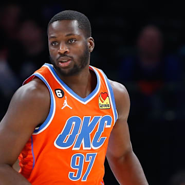 Feb 15, 2023; Oklahoma City, Oklahoma, USA; Oklahoma City Thunder forward Eugene Omoruyi (97) runs down the court against the Houston Rockets during the second half at Paycom Center. Oklahoma City won 133-96. Mandatory Credit: Alonzo Adams-Imagn Images