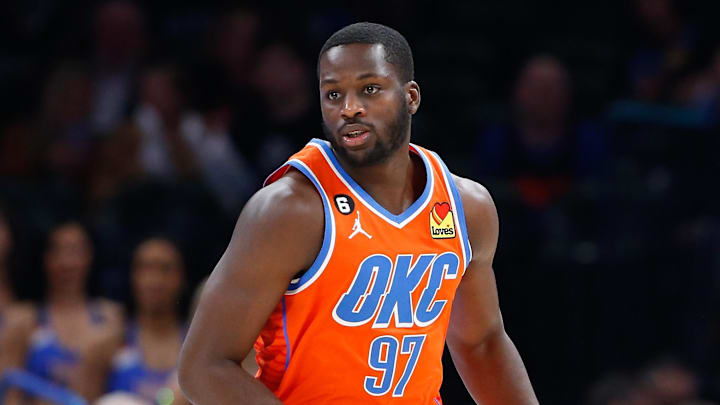 Feb 15, 2023; Oklahoma City, Oklahoma, USA; Oklahoma City Thunder forward Eugene Omoruyi (97) runs down the court against the Houston Rockets during the second half at Paycom Center. Oklahoma City won 133-96. Mandatory Credit: Alonzo Adams-Imagn Images