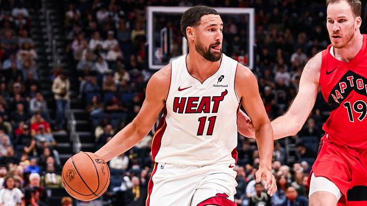 Miami Heat guard Klay Thompson (11) dribbles  (Mandatory Credit: David Kirouac-Imagn Images)