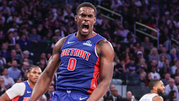 Apr 19, 2025; New York, New York, USA; Detroit Pistons center Jalen Duren (0) reacts after scoring against the New York Knicks in Game One of the First Round of the NBA Playoffs at Madison Square Garden. Mandatory Credit: Wendell Cruz-Imagn Images