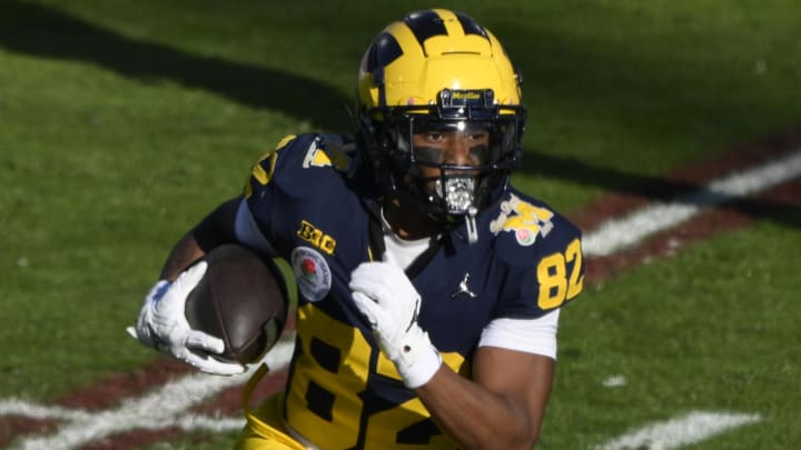 Jan 1, 2024; Pasadena, CA, USA; Michigan Wolverines wide receiver Semaj Morgan (82) carries the ball in the 2nd quarter against the Alabama Crimson Tide in the 2024 Rose Bowl college football playoff semifinal game at Rose Bowl. Mandatory Credit: Robert Hanashiro-USA TODAY Sports