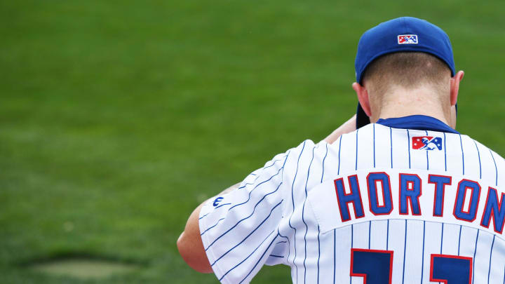 Cade Horton sits during a warmup at Four Winds Feild on June 22, 2023.