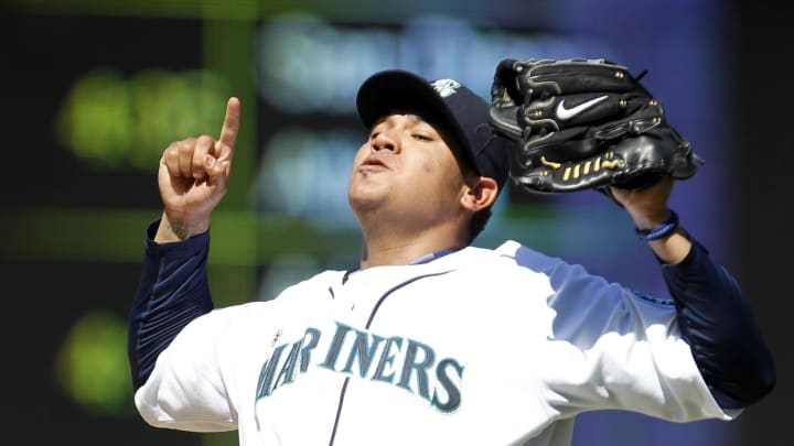 Seattle Mariners pitcher Felix Hernandez (34) celebrates the final out of a perfect game against the Tampa Bay Rays at Safeco Field in 2012.