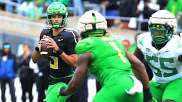 Dante Moore at the 2024 Spring Game. All eyes will be on him when the Ducks tee it up again on April 26 as the team and Oregon fans look for new leadership.