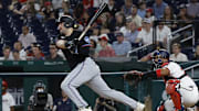 Sep 12, 2024; Washington, District of Columbia, USA; Miami Marlins third baseman Jake Burger (36) singles against the Washington Nationals during the sixth inning at Nationals Park. Mandatory Credit: Geoff Burke-Imagn Images