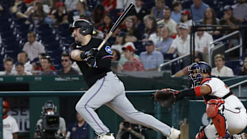 Sep 12, 2024; Washington, District of Columbia, USA; Miami Marlins third baseman Jake Burger (36) singles against the Washington Nationals during the sixth inning at Nationals Park. Mandatory Credit: Geoff Burke-Imagn Images
