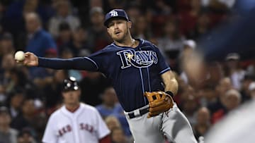 Sep 9, 2017; Boston, MA, USA; Tampa Bay Rays third baseman Evan Longoria (3) throws to first base during the third inning against the Boston Red Sox at Fenway Park. Mandatory Credit: Bob DeChiara-Imagn Images