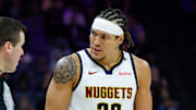Nov 11, 2025; Sacramento, California, USA; Denver Nuggets forward Aaron Gordon (32) argues a call with a referee during the second quarter against the Sacramento Kings at Golden 1 Center.