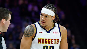 Nov 11, 2025; Sacramento, California, USA; Denver Nuggets forward Aaron Gordon (32) argues a call with a referee during the second quarter against the Sacramento Kings at Golden 1 Center.