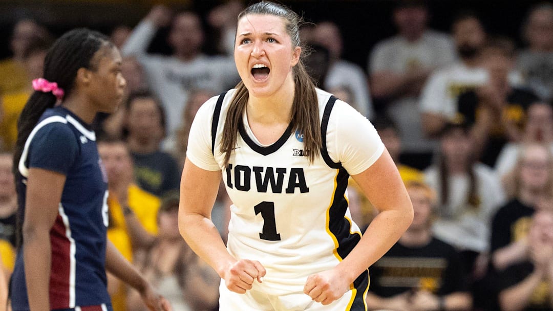 Iowa guard Taylor Stremlow (1) reacts March 21, 2026 during a First Round NCAA March Madness game against the Fairleigh Dickinson Knights at Carver-Hawkeye Arena in Iowa City, Iowa.
