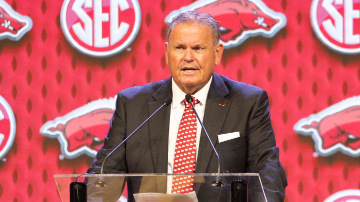 Arkansas Razorbacks coach Sam Pittman speaking at Omni Dallas Hotel at SEC Media Days in July.