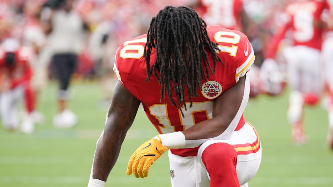 Sep 14, 2025; Kansas City, Missouri, USA; Kansas City Chiefs running back Isiah Pacheco (10) looks on prior to the game against the Philadelphia Eagles at GEHA Field at Arrowhead Stadium. Mandatory Credit: Denny Medley-Imagn Images