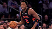 Nov 14, 2025; New York, New York, USA; New York Knicks forward OG Anunoby (8) brings the ball up court against the Miami Heat during the first quarter at Madison Square Garden. Mandatory Credit: Brad Penner-Imagn Images