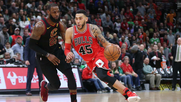 Chicago Bulls forward Denzel Valentine (45) drives past Cleveland Cavaliers forward LeBron James (23) during the second half at the United Center. Cleveland won 114-109. Mandatory Credit: 