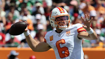 Sep 21, 2025; Tampa, Florida, USA; Tampa Bay Buccaneers quarterback Baker Mayfield (6) throws the ball during the second quarter against the New York Jets at Raymond James Stadium. Mandatory Credit: Kim Klement Neitzel-Imagn Images
