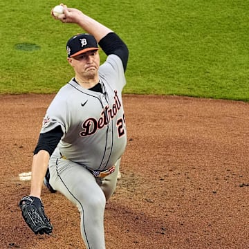 Jul 15, 2025; Cumberland, Georgia, USA; American League pitcher Tarik Skubal (29) of the Detroit Tigers pitches during the first inning during the 2025 MLB All Star Game at Truist Park. 