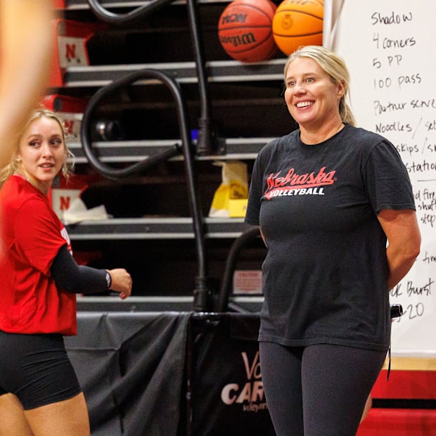 Nebraska volleyball coach Dani Busboom Kelly at practice ahead of the 2025 season.