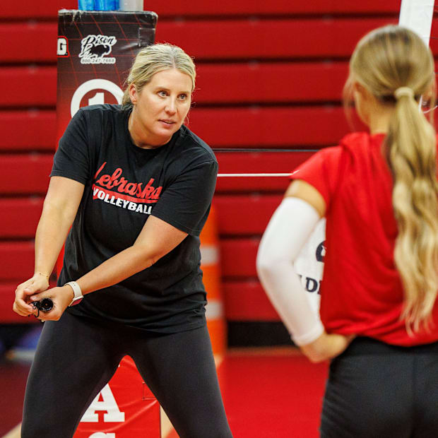 Nebraska volleyball coach Dani Busboom Kelly at practice ahead of the 2025 season.