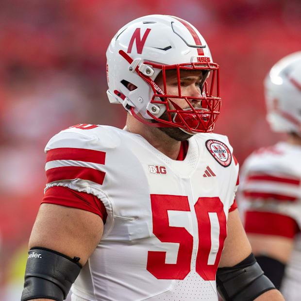 Nebraska offensive lineman Rocco Spindler during the Huskers' 2025 game vs. Cincinnati at Arrowhead Stadium in Kansas City