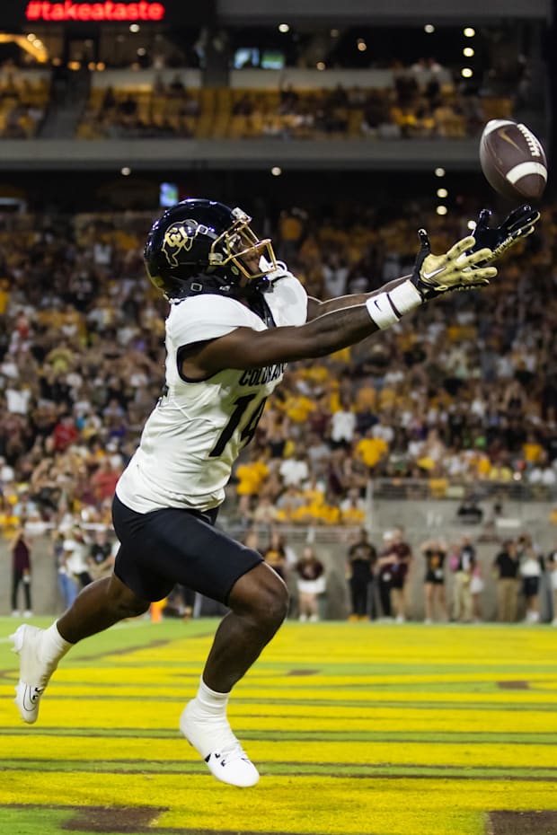 Oct 7, 2023; Tempe, Arizona, USA; Colorado Buffaloes wide receiver Omarion Miller (14) against the Arizona State Sun Devils a