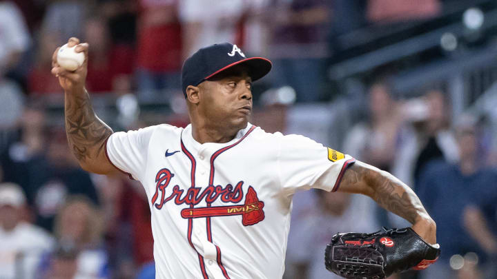 Atlanta Braves pitcher Raisel Iglesias (26) pitches the ball against Philadelphia Phillies during the ninth inning at Truist Park on Aug 22.