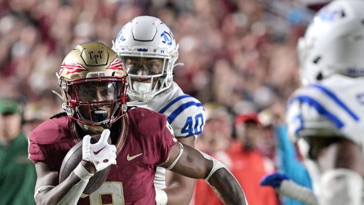 Oct 21, 2023; Tallahassee, Florida, USA; Florida State Seminoles running back Lawrance Toafili (9) runs the ball during the second half against the Duke Blue Devils at Doak S. Campbell Stadium. Mandatory Credit: Melina Myers-USA TODAY Sports