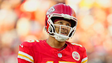 Sep 28, 2025; Kansas City, Missouri, USA; Kansas City Chiefs quarterback Patrick Mahomes (15) reacts during the second half against the Baltimore Ravens at GEHA Field at Arrowhead Stadium. Mandatory Credit: Jay Biggerstaff-Imagn Images