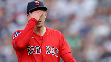 Boston Red Sox starting pitcher Walker Buehler (0) reacts after the first inning against the New York Yankees at Yankee Stadium.