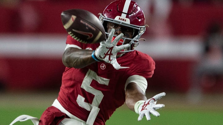 Alabama Crimson Tide wide receiver Germie Bernard (5) catches a pass as Auburn Tigers take on Alabama Crimson Tide at Bryant-Denny Stadium in Tuscaloosa, Ala., on Saturday, Nov. 30, 2024. Alabama Crimson Tide defeated Auburn Tigers 28-14.