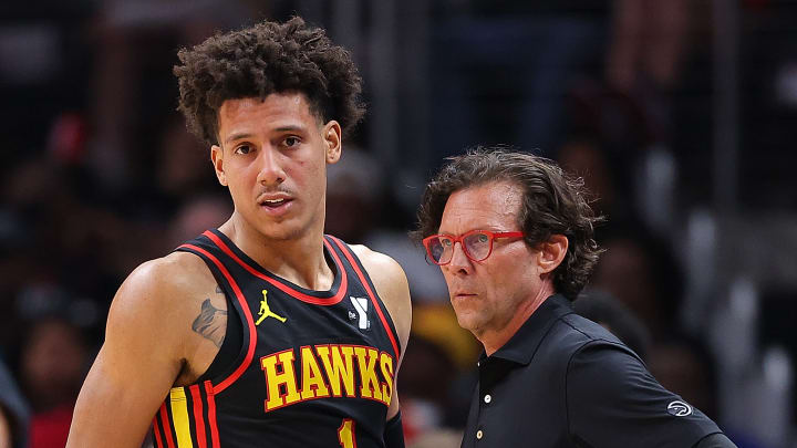 Jalen Johnson #1 and Head Coach Quin Snyder of the Atlanta Hawks