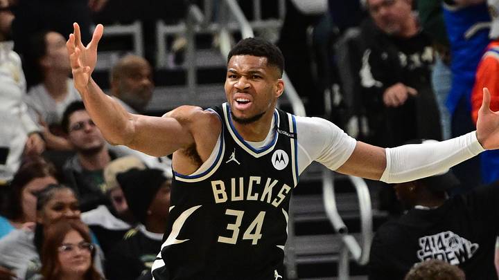 Apr 10, 2025; Milwaukee, Wisconsin, USA; Milwaukee Bucks forward Giannis Antetokounmpo (34) reacts in the second quarter against the New Orleans Pelicans at Fiserv Forum. Mandatory Credit: Benny Sieu-Imagn Images