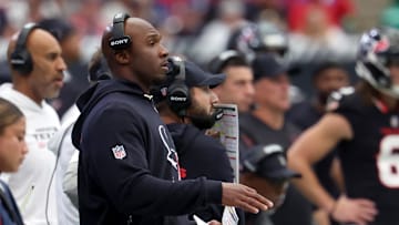 Nov 2, 2025; Houston, Texas, USA; Houston Texans head coach DeMeco Ryans during the first half against the Denver Broncos at NRG Stadium. Mandatory Credit: Thomas Shea-Imagn Images
