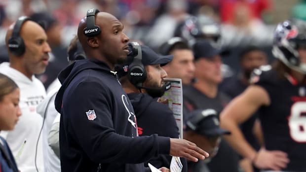 Nov 2, 2025; Houston, Texas, USA; Houston Texans head coach DeMeco Ryans during the first half against the Denver Broncos at 