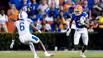 Florida Gators wide receiver Xzavier Henderson (3) runs with the ball after a catch during the second half against the Kentucky Wildcats at Steve Spurrier Field at Ben Hill Griffin Stadium in Gainesville, FL on Saturday, September 10, 2022. [Matt Pendleton/Gainesville Sun]

Ncaa Football Florida Gators Vs Kentucky Wildcats