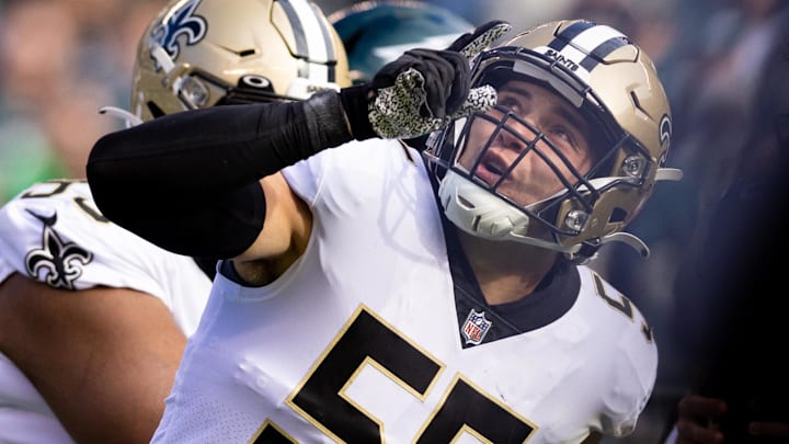 New Orleans Saints linebacker Kaden Elliss (55) reacts after sacking Philadelphia Eagles quarterback Gardner Minshew 