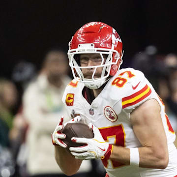Feb 9, 2025; New Orleans, LA, USA;  Kansas City Chiefs tight end Travis Kelce (87) against the Philadelphia Eagles in Super Bowl LIX at Ceasars Superdome. Mandatory Credit: Mark J. Rebilas-Imagn Images