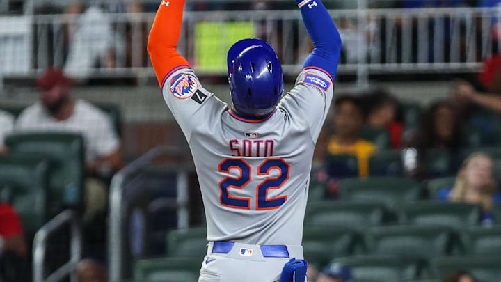 Aug 22, 2025; Cumberland, Georgia, USA; New York Mets outfielder Juan Soto (22) celebrates a home run hit against the Atlanta Braves during the seventh inning at Truist Park. Mandatory Credit: Jordan Godfree-Imagn Images