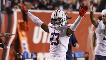 Sep 28, 2024; Salt Lake City, Utah, USA; Arizona Wildcats defensive back Emmanuel Karnley (23) reacts after breaking up a pass intended for Utah Utes wide receiver Dorian Singer (3) during the second quarter at Rice-Eccles Stadium. Mandatory Credit: Rob Gray-Imagn Images