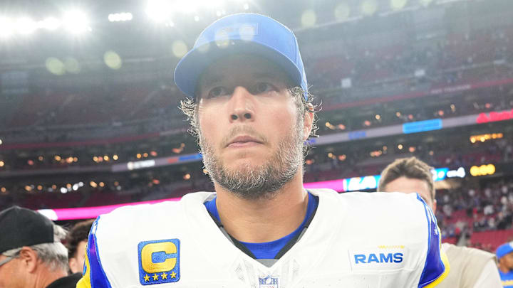 Los Angeles Rams quarterback Matthew Stafford (9) reacts after the game at State Farm Stadium on Dec 7, 2025.