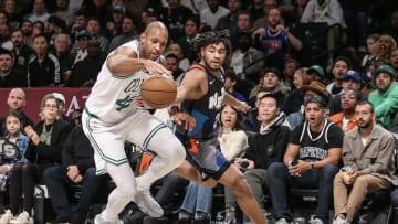 Nov 4, 2023; Brooklyn, New York, USA;  Boston Celtics center Al Horford (42) steals the ball from