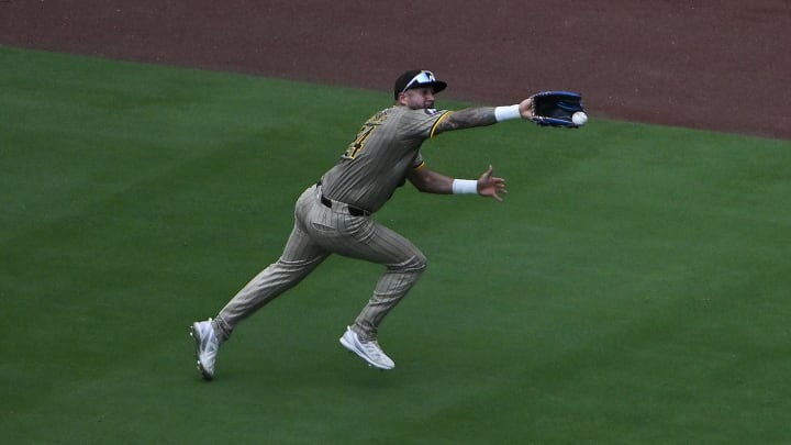 Aug 29, 2024; St. Louis, Missouri, USA;  San Diego Padres right fielder David Peralta (24) is unable to catch a triple hit by St. Louis Cardinals right fielder Lars Nootbaar (not pictured) during the eighth inning at Busch Stadium. Mandatory Credit: Jeff Curry-USA TODAY Sports