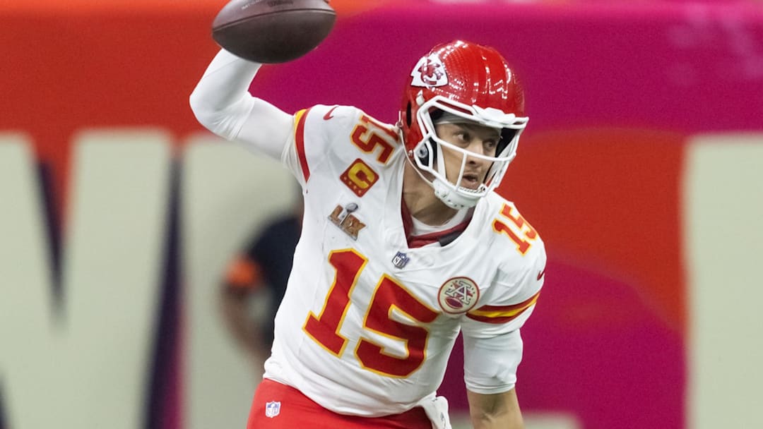Feb 9, 2025; New Orleans, LA, USA;  Kansas City Chiefs quarterback Patrick Mahomes (15) against the Philadelphia Eagles in Super Bowl LIX at Ceasars Superdome. Mandatory Credit: Mark J. Rebilas-Imagn Images