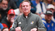 Kansas Jayhawks head coach Bill Self yells out plays during the first half of the exhibition game against Fort Hays State Tigers inside Allen Fieldhouse on Tuesday, October, 28, 2025.