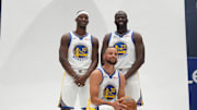 Sep 29, 2025; San Francisco, CA, USA; Golden State Warriors guard Stephen Curry (30), forward Draymond Green (23), and forward Jimmy Butler III (10) pose for a photo during Media Day at the Chase Center. Mandatory Credit: Cary Edmondson-Imagn Images