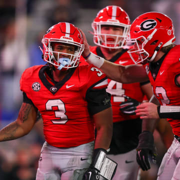 Nov 11, 2023; Athens, Georgia, USA; Georgia Bulldogs running back Andrew Paul (3) celebrates after a touchdown against the Mississippi Rebels in the fourth quarter at Sanford Stadium. Mandatory Credit: Brett Davis-USA TODAY Sports