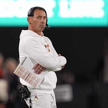 Texas Longhorns head coach Steve Sarkisian looks on in the first half against the Georgia Bulldogs at Sanford Stadium..