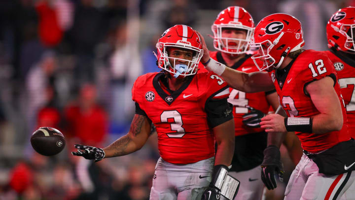 Nov 11, 2023; Athens, Georgia, USA; Georgia Bulldogs running back Andrew Paul (3) celebrates after a touchdown against the Mississippi Rebels in the fourth quarter at Sanford Stadium. Mandatory Credit: Brett Davis-USA TODAY Sports
