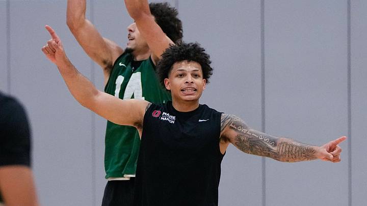 Ohio State Buckeyes guard John Mobley Jr. reacts during practice in the practice gym at the Schottenstein Center on July 21, 2026 in Columbus, Ohio.